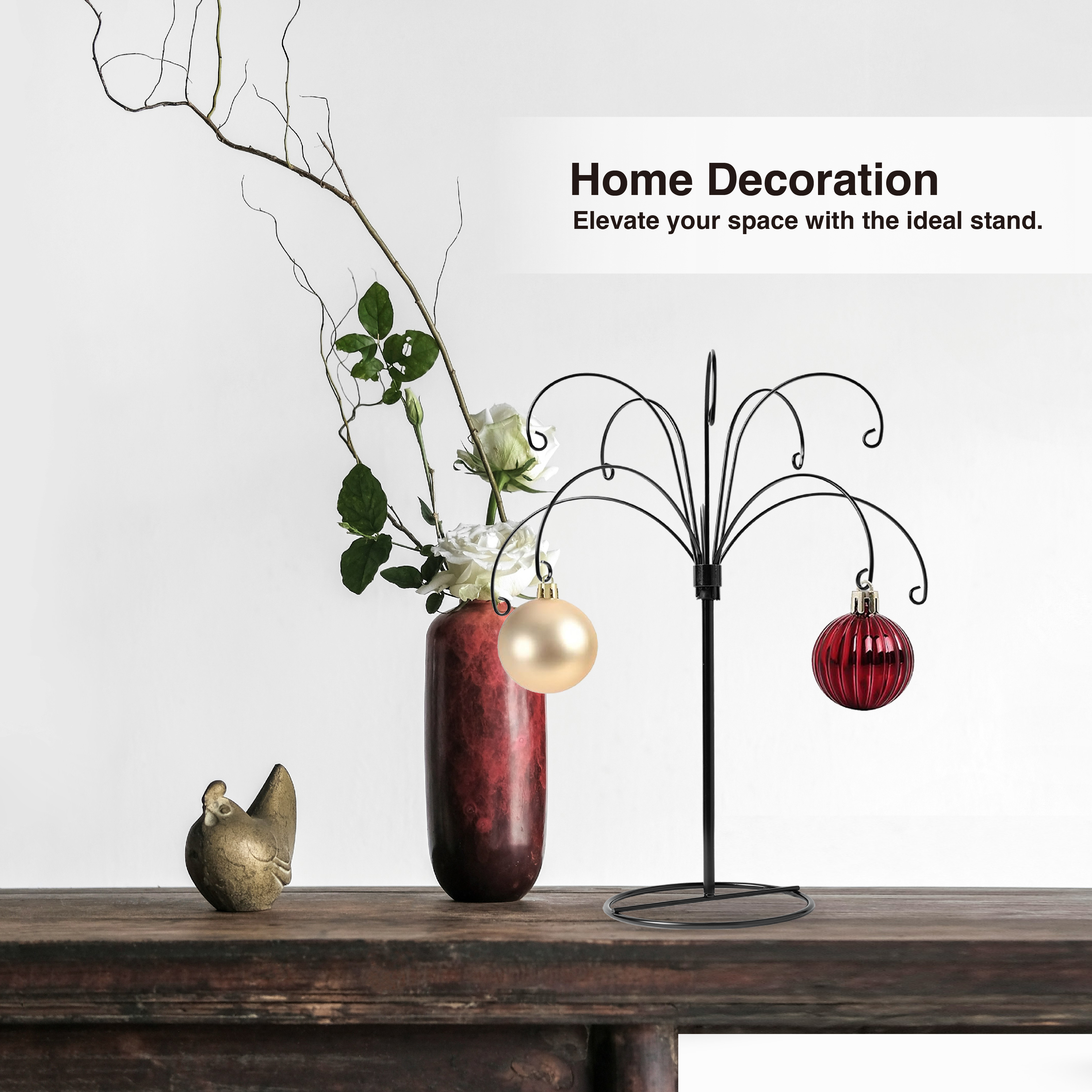 HOHIYA 2-Piece Ornament Display Stand 13.5 Inch Black Heavy Duty Wire Hanging Holder Max Load 1.5 lbs for  Glass Baubles and Easter Eggs Sturdy Metal Display Stand